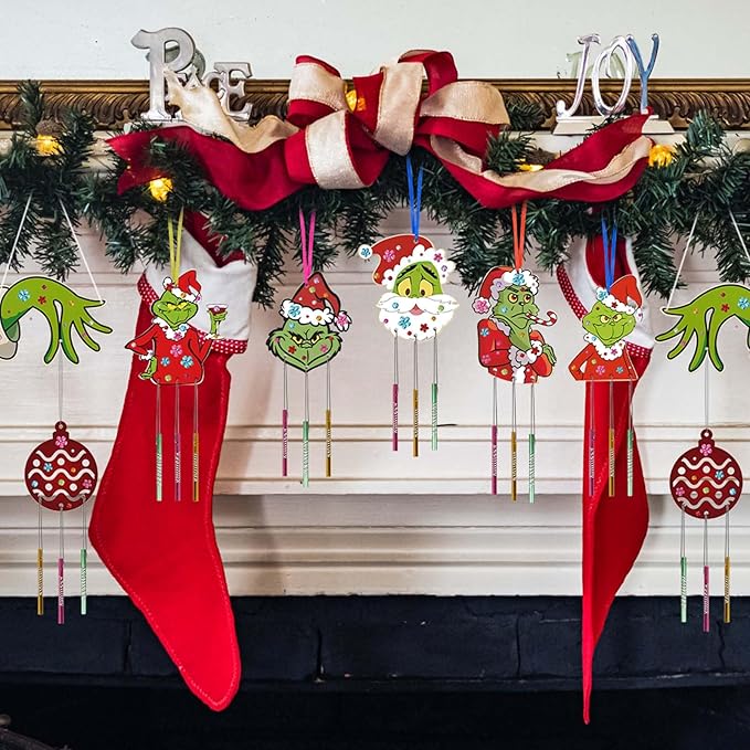 9 Pack Wind Chime Kit for Kids,Christmas Craft Kits DIY Grinch Wind Chime Unfinished Wooden Grinch Ornaments for Boys Girls Activity Art Project Christmas Tree Decoration