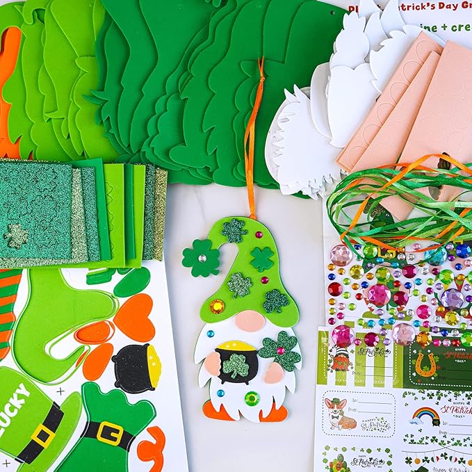Winlyn 24 Sets St. Patrick's Day Decorations Gnome Shamrock Ornaments DIY St. Pat's Craft Kits Assorted Lucky Four-Leaf Clover Irish Shamrock Foam Stickers for Kids Classroom Home Activity Art Project