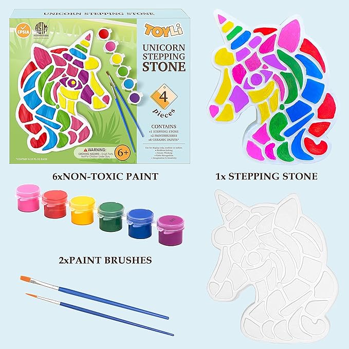 TOYLI Unicorn Painting Kit for Kids, Unicorn Art Set, Unicorn Project, DIY, Stepping Stone kit, Includes 2 Painting Brushes and 6 Paints Mess-Free, Kids Arts and Crafts