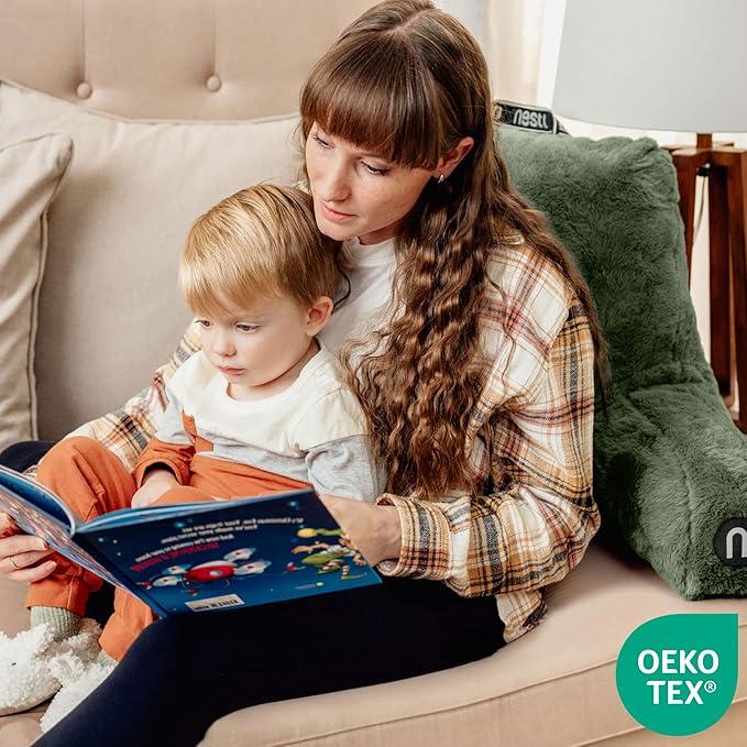 Nestl Fur Reading Pillow, Stylish Back Pillow for Bed Sitting Up, Faux Fur Bed Chair Pillow with Arms, Reading Pillows for Sitting in Bed Adult & Kids, Back Support Pillow for Bed Rest - Olive Green