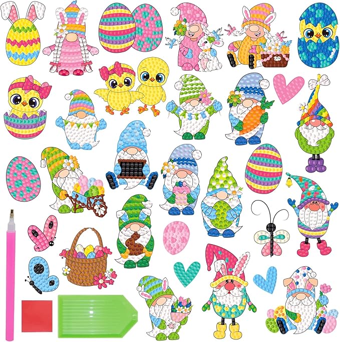 MEIEST 30 PCS Easter Gem Diamond Art Painting Stickers Kit,Mosaic Stickers by Numbers Arts and Crafts Set for Kids,Creative Handmade Easter Decorations Gift