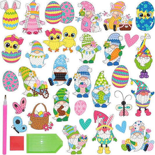 MEIEST 30 PCS Easter Gem Diamond Art Painting Stickers Kit,Mosaic Stickers by Numbers Arts and Crafts Set for Kids,Creative Handmade Easter Decorations Gift