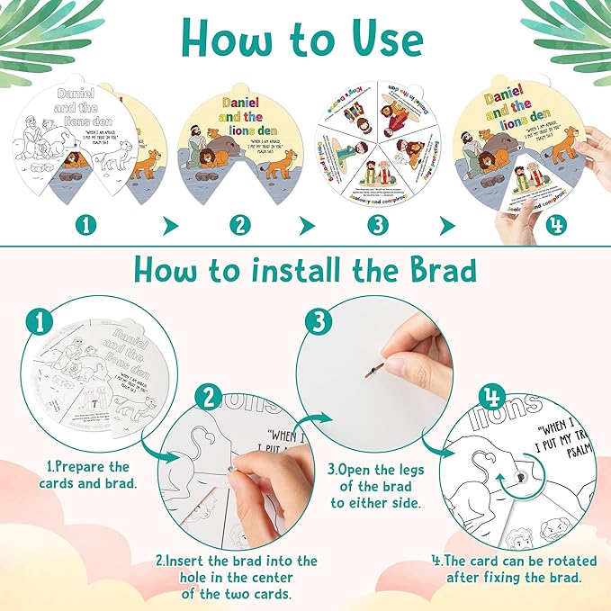 COcnny Christian Lion Coloring Craft - 24 Sets Daniel and The Lions Den Craft for Kids, Color Your Own Religious Wheel Cards Art Activities, Bible Jesus Biblical Game for Sunday School Classroom Home