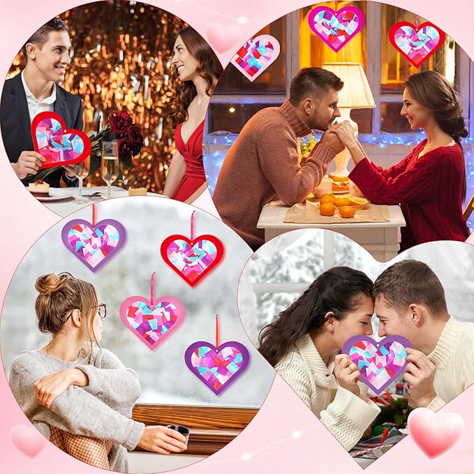 Tinlade 24 Pcs Valentine's Day Suncatcher Craft Kit Pink Heart Shaped Suncatcher Window DIY Tissue Paper Decoration Ornament for Classroom Valentines Party Favor Supplies
