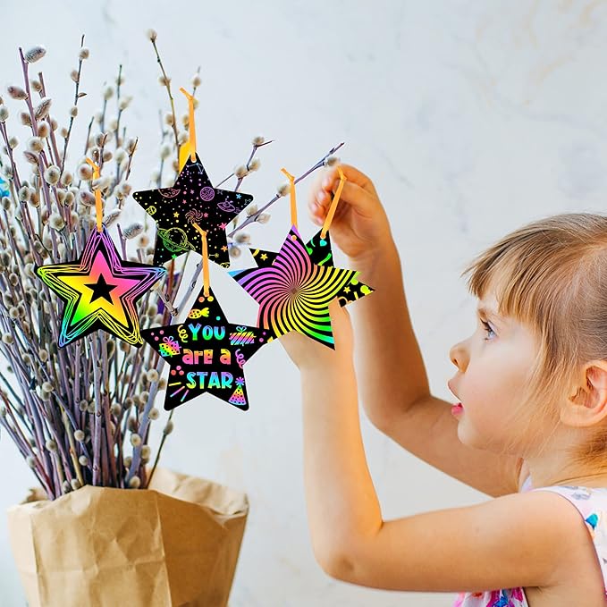 WATINC 60pcs Star Scratch Cards for Magic Color Craft Kit DIY Paper Art Scratch Star Ornament for Kids School Classroom Party Favor Supplies Decorations