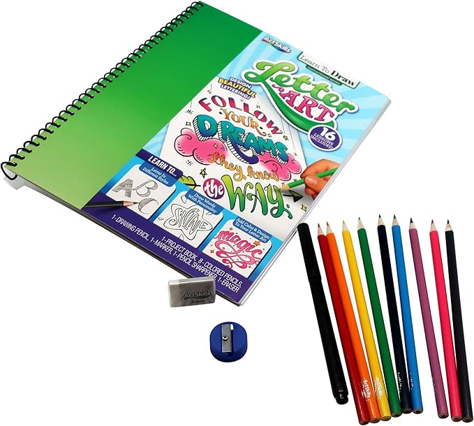 Art Supplies for Kids, Set of 2 Learn to Draw; Letter Art, for Boys & Girls, Teens & Adults, Kit Includes Project Book, Color Pencil Set, Eraser, Sharpener, Drawing Pencil, Marker