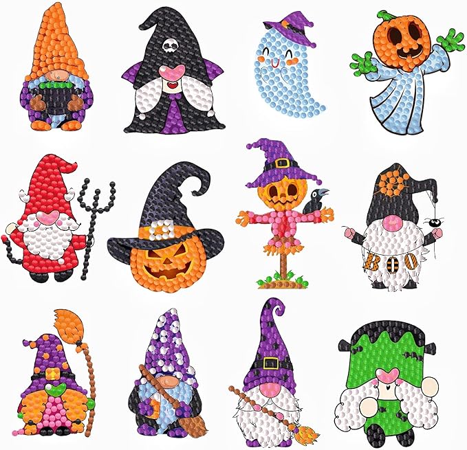 MEIEST 25 PCS Halloween Diamond Art Painting Stickers Kits,Diamond Mosaic Stickers by Numbers Crafts Set for Kids,Creative Handmade Art Craft GIF