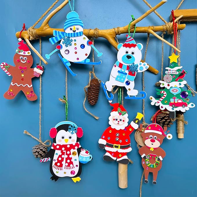 Winlyn 24 Sets Christmas Craft Kits Winter Crafts DIY Christmas Ornaments Decorations Art Sets Foam Santa Reindeer Snowman Christmas Stickers for Kids Holiday Season Classroom Activities Party Favors