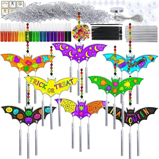 Winlyn 24 Sets Halloween Bat Suncatcher Wind Chimes Ornaments Decorations DIY Window Paint Art Halloween Craft Kits Bat Sun Catchers for Kids Home Classroom Activities Halloween Party Art Projects