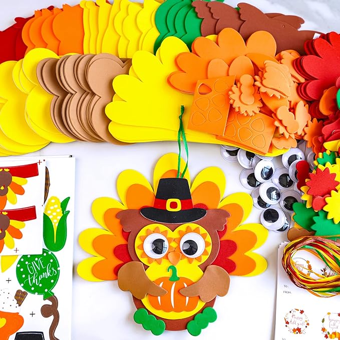 Winlyn 24 Sets Thanksgiving Owl Ornaments Decorations Art Sets DIY Thanksgiving Craft Kits Fall Crafts Pumpkin Sunflower Turkey Foam Stickers Arts and Crafts Googly Eyes for Kids Classroom Activities