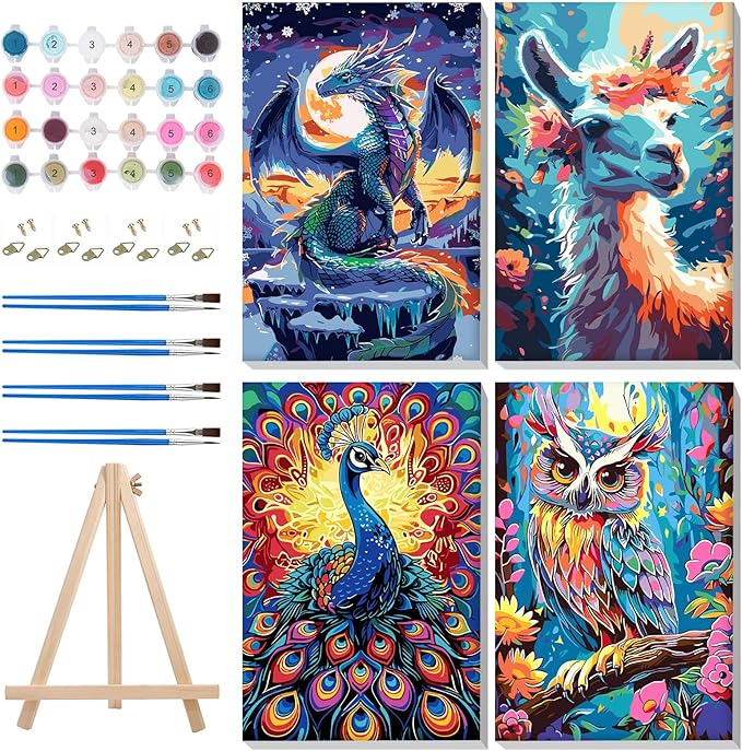 MISCER 4 Pack Paint by Numbers for Adults Beginner, Animals Paint by Number Kits with Easel, DIY Acrylic Oil Painting Suitable for Home Decoration (8 * 12 Inch)