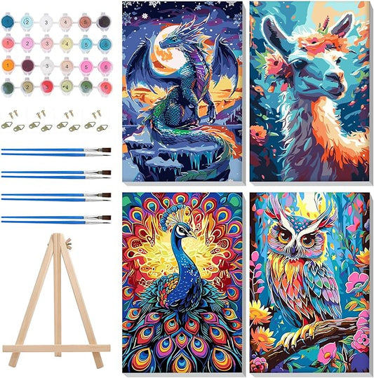 MISCER 4 Pack Paint by Numbers for Adults Beginner, Animals Paint by Number Kits with Easel, DIY Acrylic Oil Painting Suitable for Home Decoration (8 * 12 Inch)