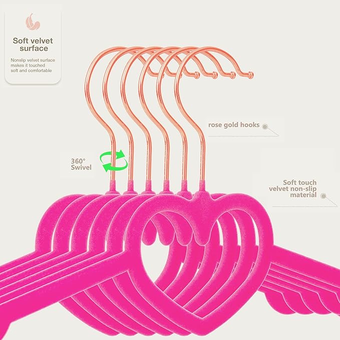 Kids Velvet Hangers 50 Pack, 12.8 Inch Non Slip Childrens Hangers, 360° Swivel Rose Gold Hook, Ultra Thin Space Saving Toddler Hangers - Baby Hangers for Closet (Hot Pink)