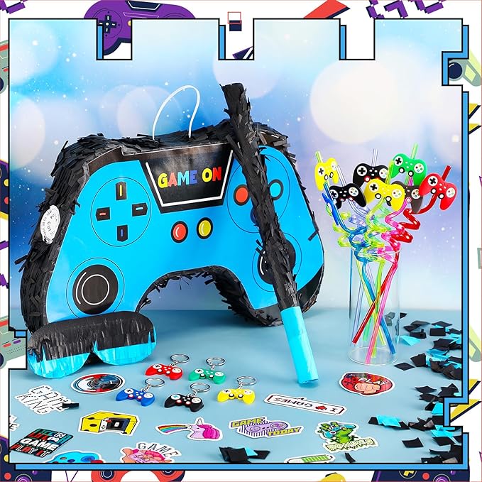 Meooeck 90 Video Game Party Favors Include Game Controller Piñata with Blindfold Baton Confetti Slap Bracelet Keychain Straw Sticker Gamer Party Favors Gamer Birthday Decorations for Theme(Blue)