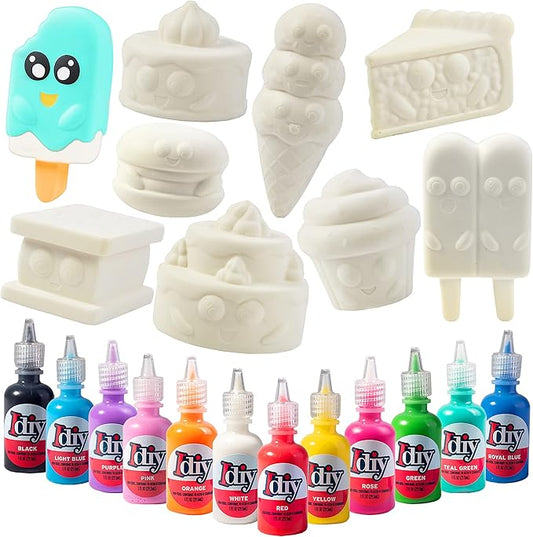 DIY Party Craft Kit Jumbo Dessert Friends Squishies (9 Cute Shapes w 12 Fabric Paints) -White Kawaii Scented Slow Rise Squishy Toys, Scented Stress Relief Craft, Kids Birthday Activity Gift (4"-6")