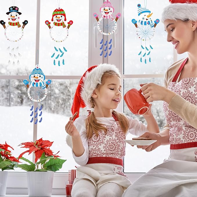 Fennoral 6 Pack Snowman Craft Kit for Kids Make You Own Snowman Dreamcatcher DIY Paint Wooden Christmas Arts and Crafts for Chirstmas Art Activity Christmas Winter Decoration
