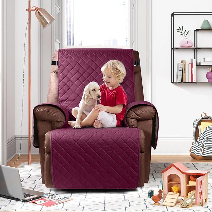 KinCam 100% Waterproof Recliner Chair Cover, Reclining Couch Covers for Pets, Dogs, Recliner Couch Slipcover Furniture Protector with Elastic Straps for Kids(28", Burgundy)