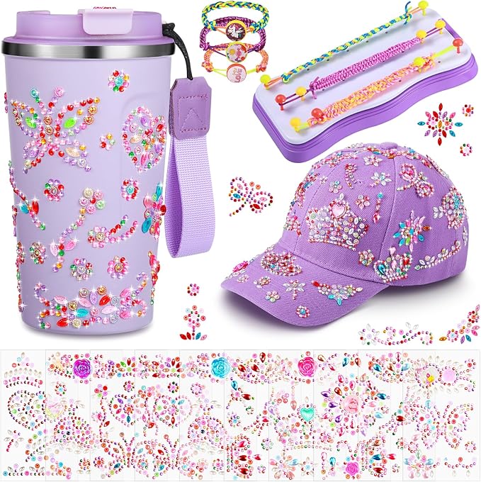 Decorate Your Own Water Bottle and Baseball Cap Bracelet Making Kit Set DIY Arts and Crafts Gifts for Girls Butterfly Gems Crafts Stickers for Girls Christmas Birthday Gifts(Purple)