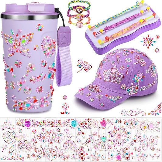 Decorate Your Own Water Bottle and Baseball Cap Bracelet Making Kit Set DIY Arts and Crafts Gifts for Girls Butterfly Gems Crafts Stickers for Girls Christmas Birthday Gifts(Purple)