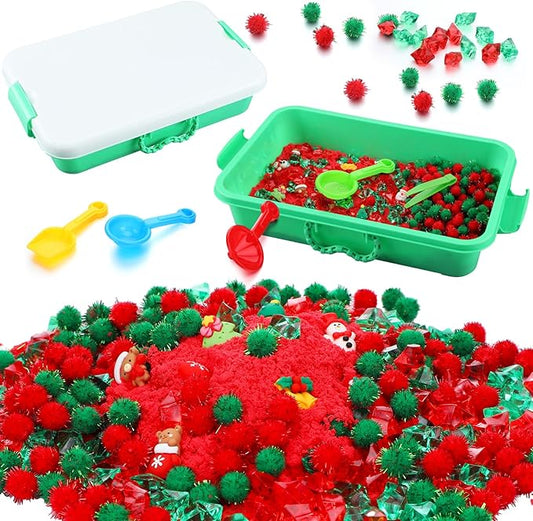 Christmas Sensory Bin with Lid, 317 Pcs Christmas Sensory Sand Kit with Christmas Toys Preschool Learning Activities Tools Box Outdoor Sandbox Toys Christmas Gift for Girls and Boy