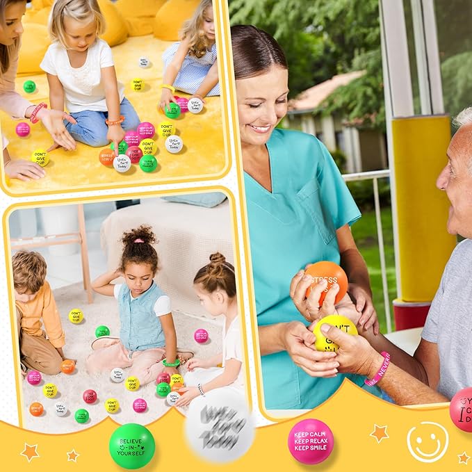 Shappy 144 Pcs Motivational Party Favor Includes 72 Stress Relief Motivational Stress Balls 1.97 Inch Mini Foam Balls 72 Inspirational Silicone Bracelets Quote Silicone Wristbands (Bright Color)