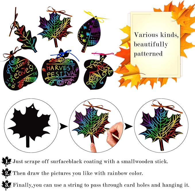 Whaline 60 Pack Fall Theme Rainbow Scratch Art Set Thanksgiving Black Scratch Paper Pumpkin Autumn Leaves Acorn Pattern with 60Pcs Ribbons and 15Pcs Wooden Styluses for Birthday Harvest Party Decor