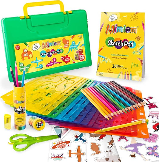 Drawing Stencil Kit for Kids, 60 PC Art Set with 370+ Shapes, Sketch Pad, and Colored Pencils for DIY Arts and Crafts for Boys and Girls, Draw with Letter, Animal and Car Stencils, Green