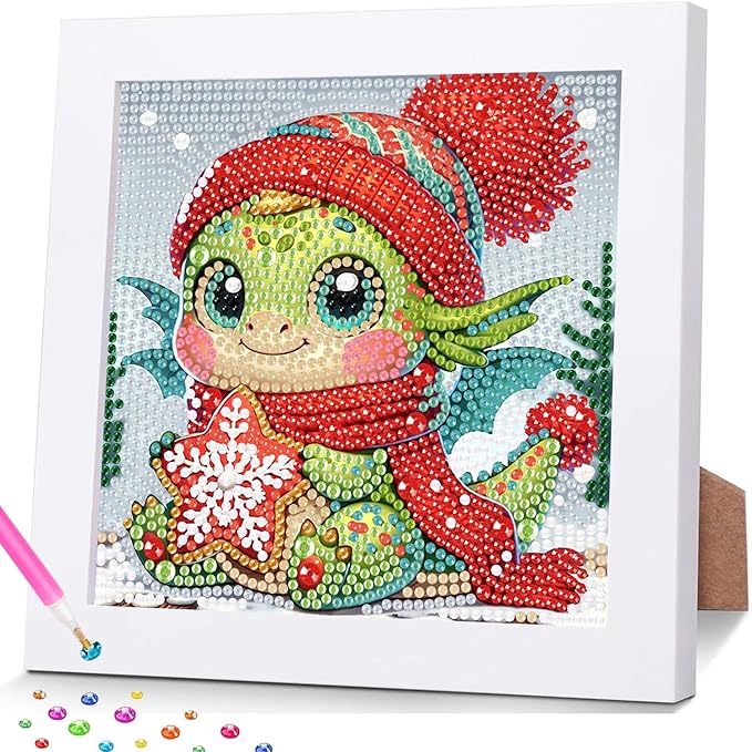 hkejoi Dragon Diamond Art Kits for Kids with Frame, Cartoon Diamond Art for Kids Ages 4-8-12, Easy Kids Gem Art Kit with Cartoon Package for Gift Home Wall Decor 7x7inch
