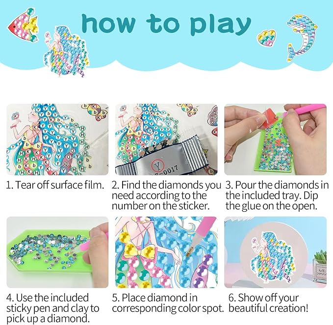 MEIEST 33 PCS Mermaid Diamond Art Painting Stickers Kit,DIY Mosaic Stickers by Numbers Arts and Crafts Set for Kids,Creative Handmade Gift