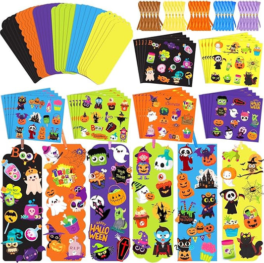 JUNEBRUSHS 30 Sets Halloween Crafts , DIY Halloween Bookmarks Craft Kits with Assorted Pumpkin Witch Ghost Bat Stickers Arts and Crafts Classroom Game Activities Halloween Party Favor