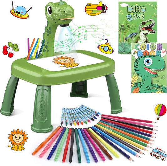 Drawing Projector for Kids, Drawing Board with Music, Color Pens, Pencils, Crayons, Scrapbook, Dinosaur Sticker Book, Ideal Toy for 3+ Year Old Girls & Boys (Dinosaur Kit)