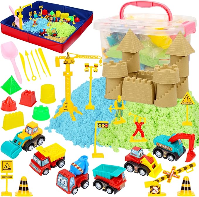 ThinkMax Sand Kit for Kids, 3lbs Sand, 6 Mini Construction Trucks, Construction Toys and Signs, Castle Sand Molds Tools, Foldable Box and Storage Bin Tote, 43PCS Sand Set for Boys Grils