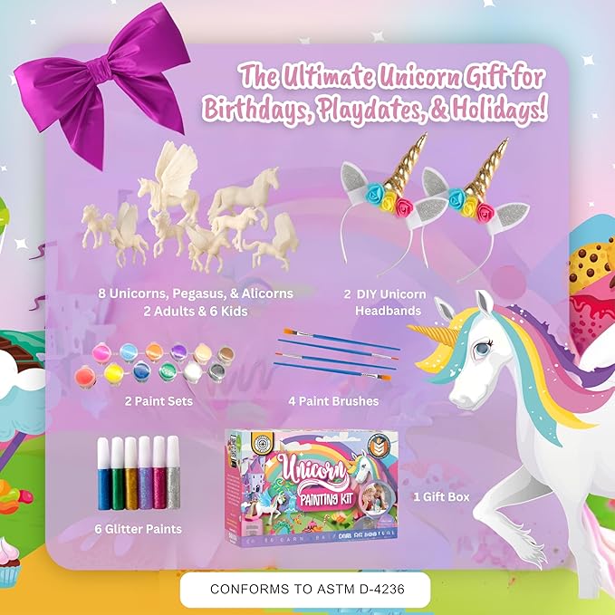 Unicorn Painting Kit for Girls - STEM Certified Unicorn Craft for Girls ages 4-6 & up- Paint Your Own Unicorn Arts and Crafts includes 2 DIY Headbands & 8 Kids Painting Crafts for Fun Screen-Free Play