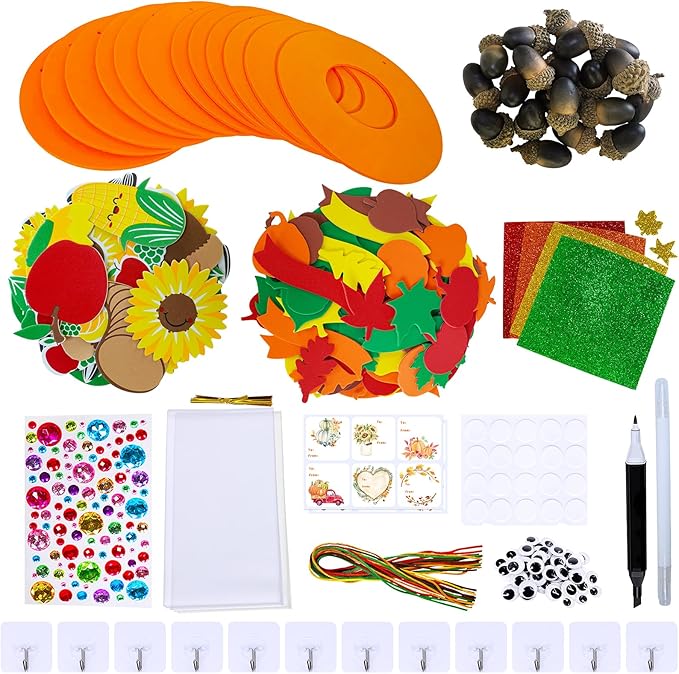 Winlyn 12 Sets Thanksgiving Wreath Signs Decorations Art Sets DIY Fall Thanksgiving Craft Kits Foam Sunflowers Maple Leaves Pumpkin Harvest Stickers for Kids Autumn Classroom Activities Party Favors