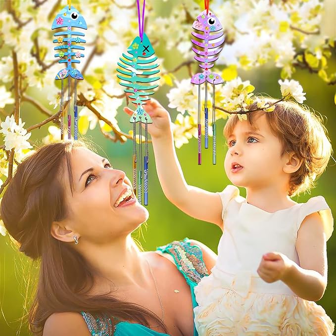 Fennoral 12 Pack Wind Chime Kit Spring Craft for Kids Wooden Arts and Crafts for Girls Boys Make Your Own Fish Wind Chime Ornaments DIY Coloring Fish Craft for Spring Easter Birthday Party Supplies