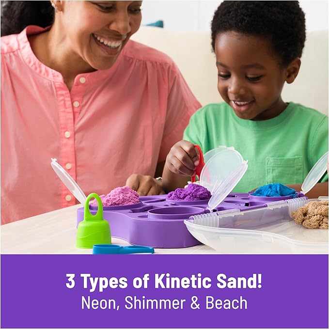 Kinetic Sand, Variety Case with 2lbs Play Sand (Beach, Neon & Shimmer) & 5 Tools, Reusable Storage, Sensory Toys for Kids Ages 3 and up