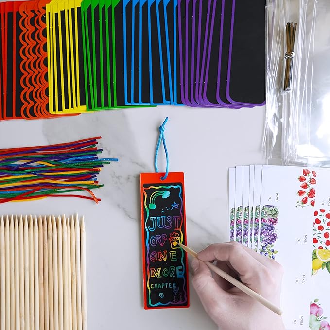 Winlyn 48 Sets 6 Styles Magic Color Scratch Bookmarks Craft Kits Rainbow Scratch Paper Art Sets for Kids Students Party Favors DIY Bookmarks Bulk with Scratching Tools Ribbons for Classroom Activities