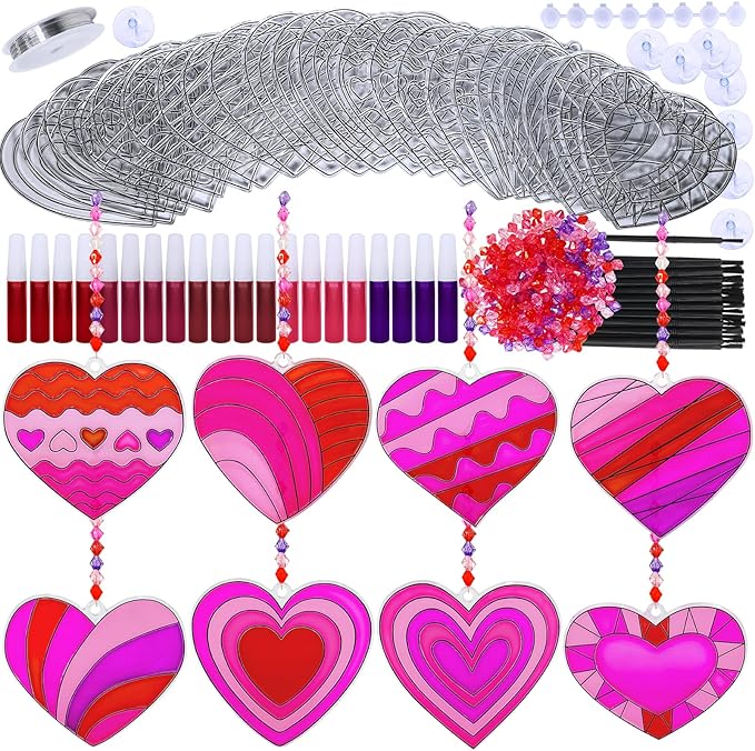 Winlyn 24 Sets Heart Suncatchers Ornaments Decorations DIY Window Paint Art Stickers Craft Kits Heart Sun Catchers for Kids Valentine's Day Classroom Activities Art Project Party Favors Gift Exchange