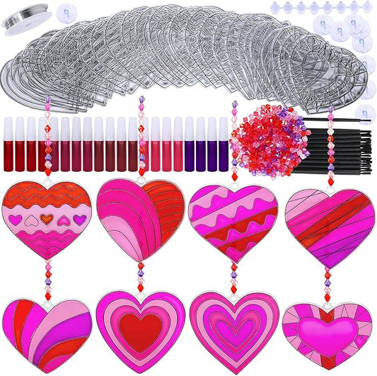 Winlyn 24 Sets Heart Suncatchers Ornaments Decorations DIY Window Paint Art Stickers Craft Kits Heart Sun Catchers for Kids Valentine's Day Classroom Activities Art Project Party Favors Gift Exchange