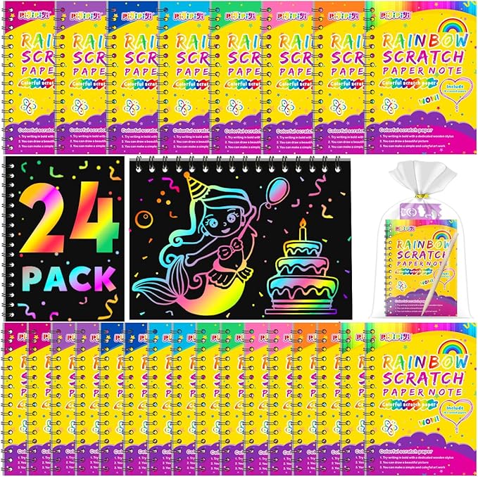 pigipigi Party Favor Toy for Kids: 24 Pack Rainbow Art Scratch Notebook, Colorful Craft Scribble Paper Magic Black Drawing Pad kit, Activity Gift Set for Girl Boy Children Birthday Christmas