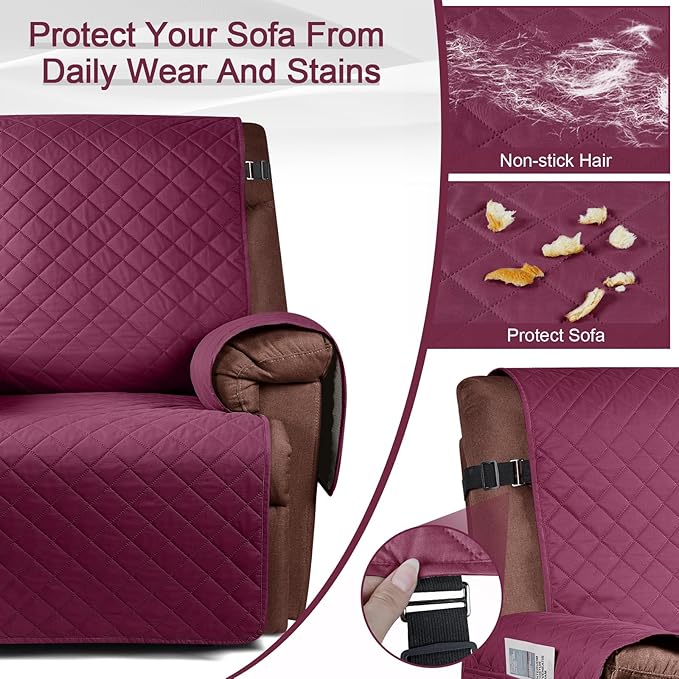 KinCam 100% Waterproof Recliner Chair Cover, Reclining Couch Covers for Pets, Dogs, Recliner Couch Slipcover Furniture Protector with Elastic Straps for Kids(28", Burgundy)