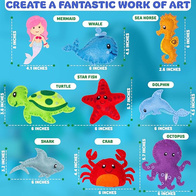 MOMOTOYS Kids Sewing Kit for Kids, Fun & Educational Mermaid and Sealife Sew Craft Set for Boys and Girls Ages 8-12, Complete Beginner Sewing Kit with Felt Plushie for Creative DIY Projects