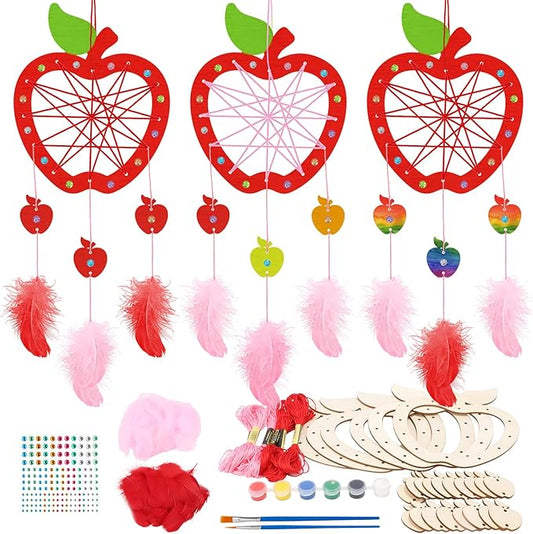 Fennoral 6 Pack Apple Dream Catcher Craft Kit for Kids Paint You Own Dream Catcher DIY Coloring Wooden Back to School Art and Craft for Classroom Art Activity First Day of School Decoration