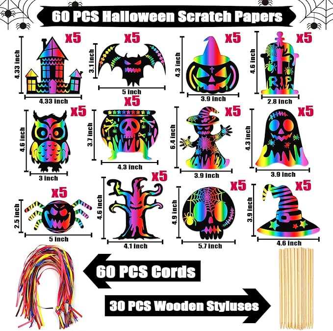 PARTYWIND Magic Halloween Crafts for Kids Activities, 60 PCS Scratch Paper Art for Halloween Hanging Decorations Ornaments, Scratch Off Cards with Pumpkin/Zombie/Bat, DIY Party Supplies Favors