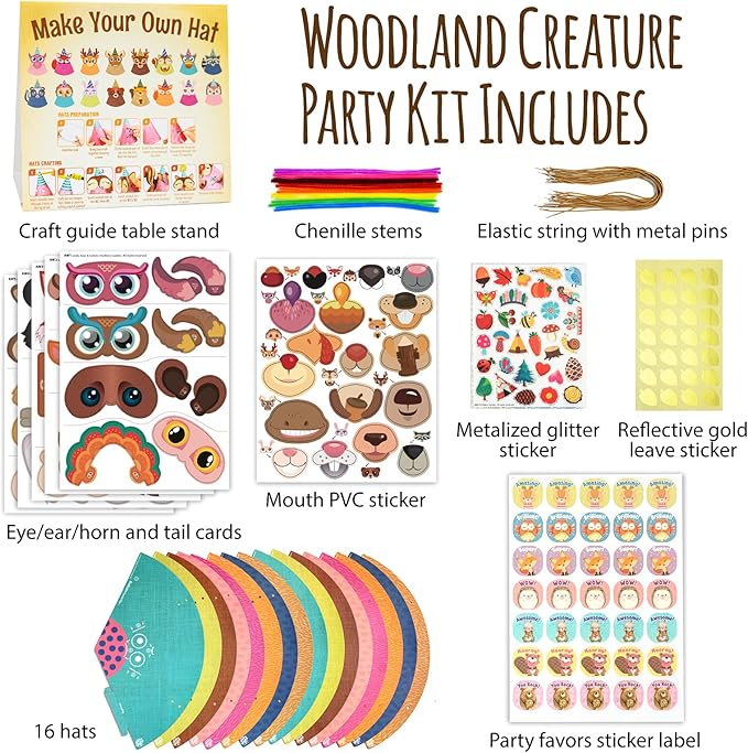 Woodland Themed Christmas Party Hats Making Kit c/w Chenille Stems & Stickers. Group Activities, DIY Art Craft Home Project. Birthday, Easter & Fiesta Decoration for Kid