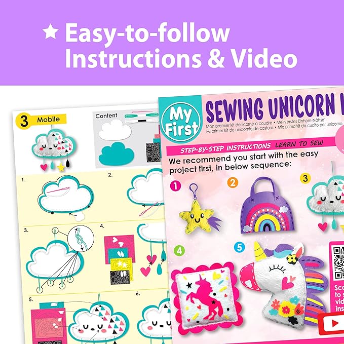 KRAFUN My First Unicorn Kids Sewing kit, Beginner Arts & Crafts, Make 5 Cute Projects with Plush Stuffed Animal, Pillow, Mobile, Keyring and Bag, Instructions & Felt for Learn Sewing, Embroidery