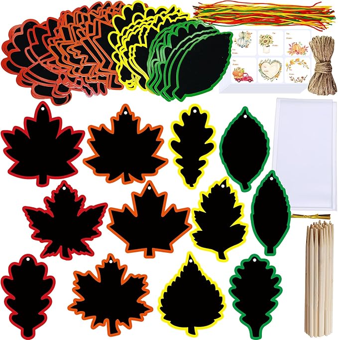 Winlyn 48 Sets 12 Styles Magic Color Scratch Black Fall Leaves Ornaments Decorations Autumn Scratch Art Leaves Fall Leaf Craft Kits for Kids Classroom Activities Halloween Thanksgiving Party Favors