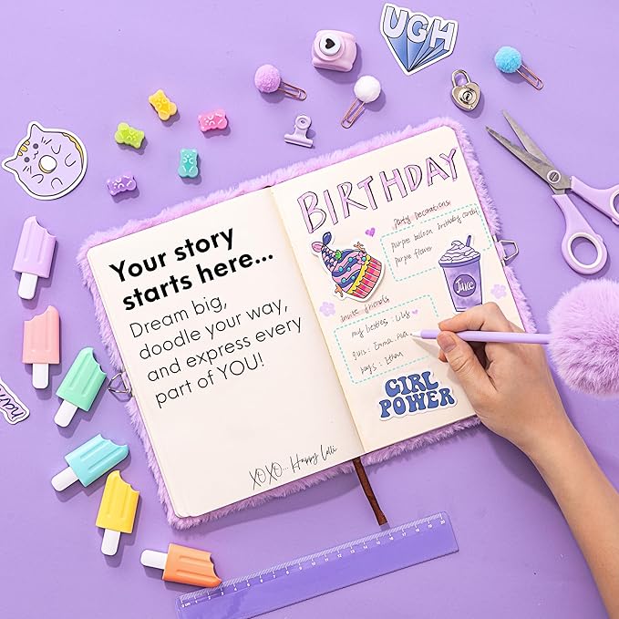 Happy LolliME Purple DIY Journal Kit for Girls – 300+ Pieces! Lockable Fuzzy Diary, Markers, Stickers & Empowering Pages – Gift Box for Tweens & Teens – Creative Journaling Set