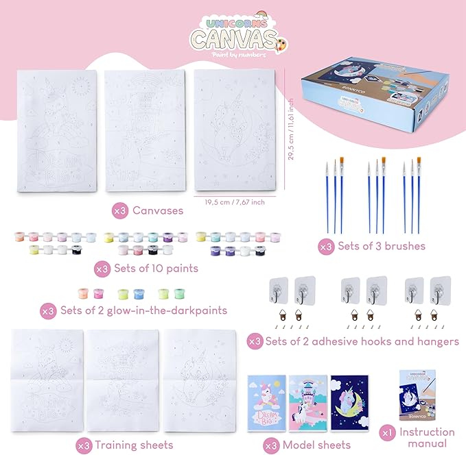 BONNYCO Paint by Numbers Kit for Kids Unicorns Pack 3 Canvas Paint by Number Canvas Framed Unicorn Gifts for Girls Arts and Crafts Kids Paint by Number Kits, Pre Drawn Canvas for Painting for Kids