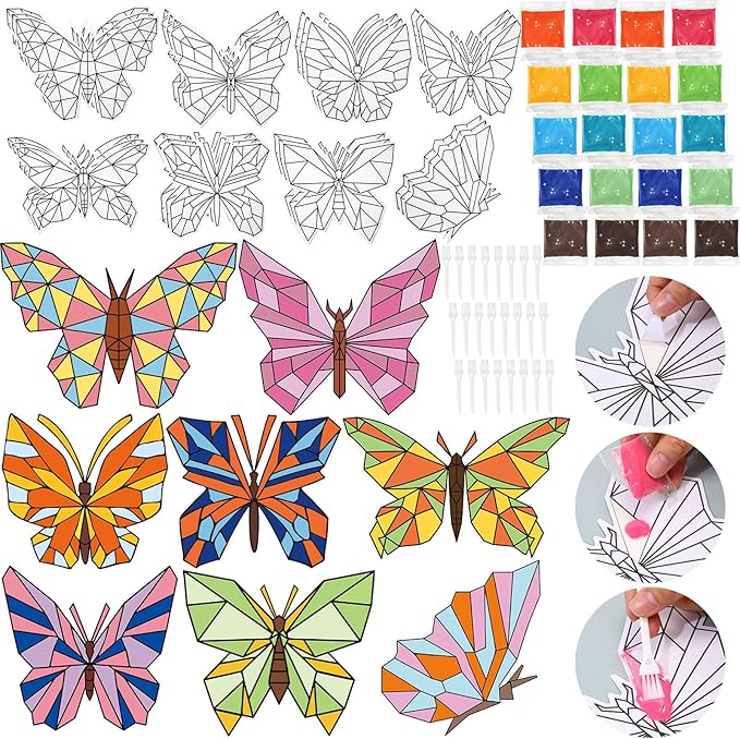 Halloscume 24 Sets Butterfly Sand Art Kits for Kids DIY Craft Sand Painting Kit with Colored Sand Brushes Spring Butterfly for Sunday School Classroom Fun Home Creative Activities